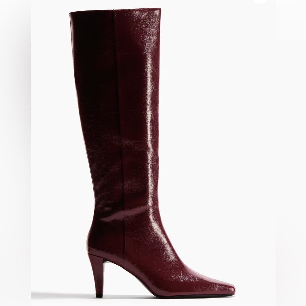 H&M Burgundy Knee-High Pointed Toe Heeled Boots – Slim Mid Heel – 37 – BNWt - Picture 2 of 13